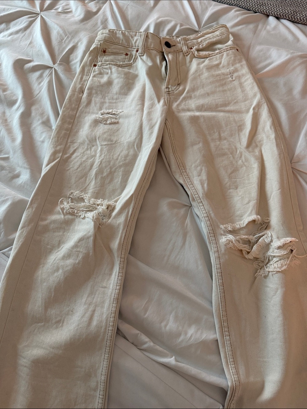 BDG Cream Slim Straight Distressed Jeans